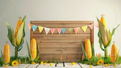 Uma Placa Quadrada De Madeira Com Milho Para Composição Para Festa Junina 83