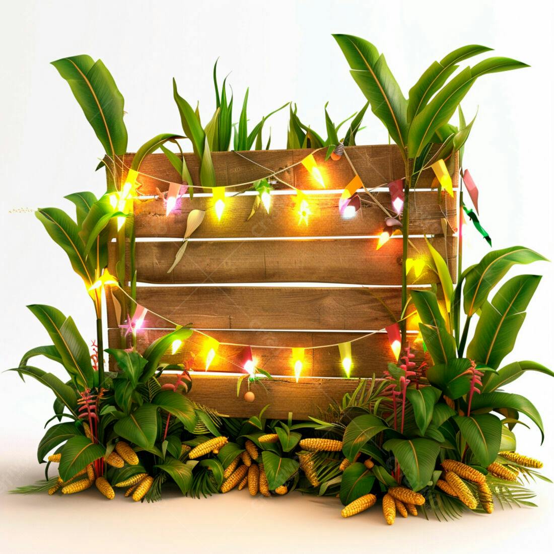 Painel de madeira com luzes e plantas tropicais