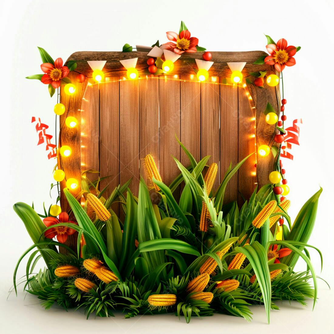 Painel de madeira com espigas de milho e luzes