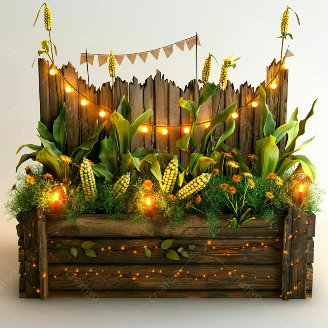 Caixa de madeira com espigas de milho e luzes