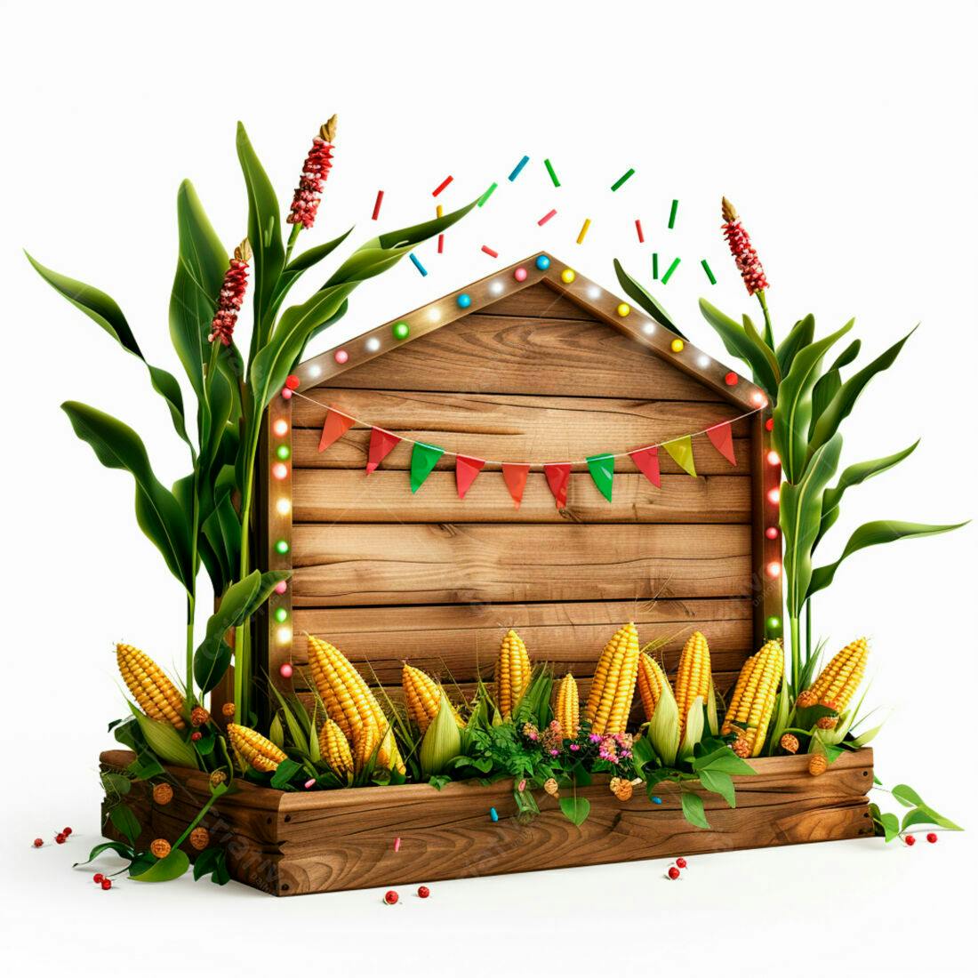 Placa de madeira com milho e decoração de festa
