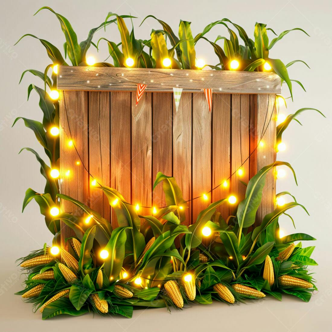 Painel de madeira com espigas de milho e luzes
