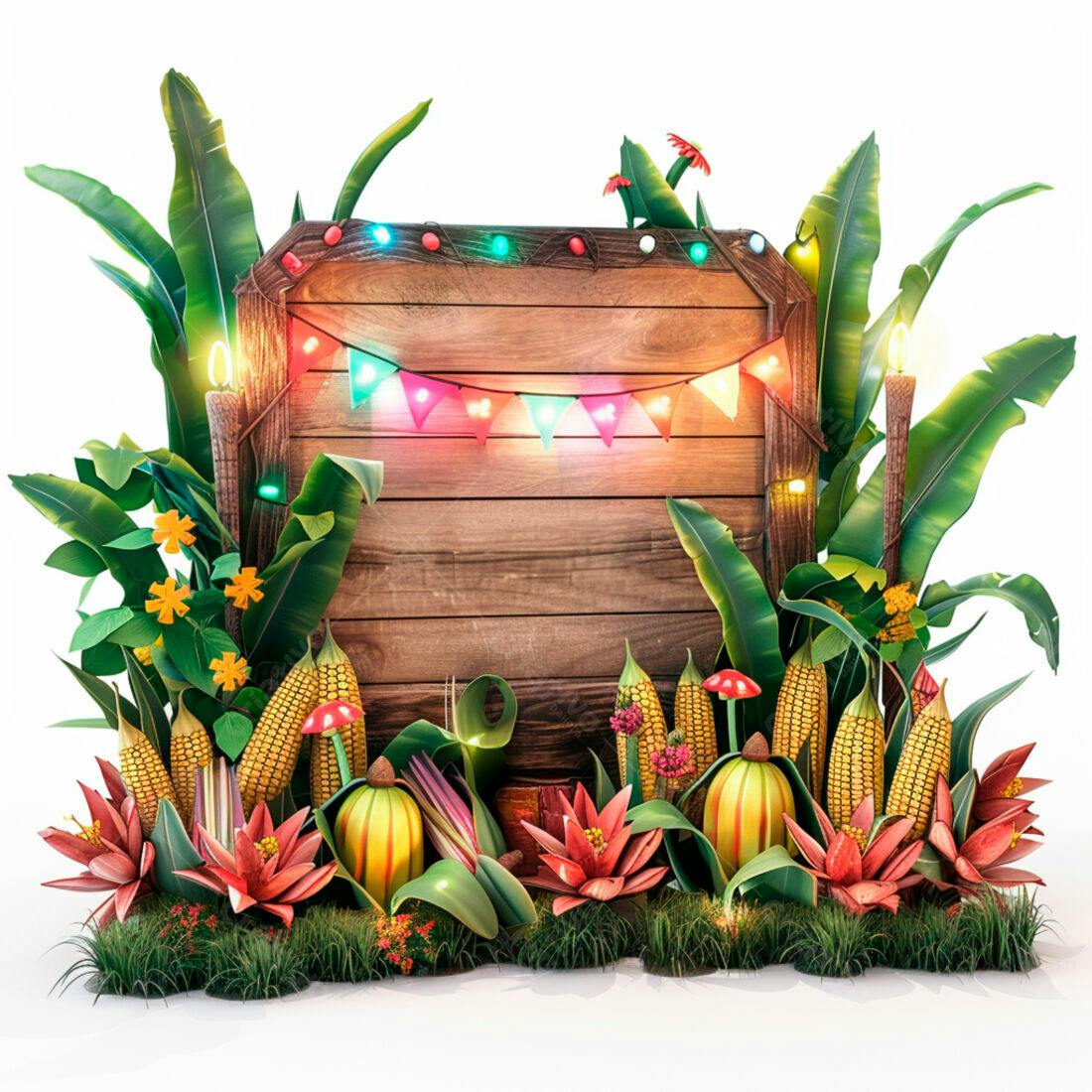 Placa de madeira festiva com milho e flores tropicais
