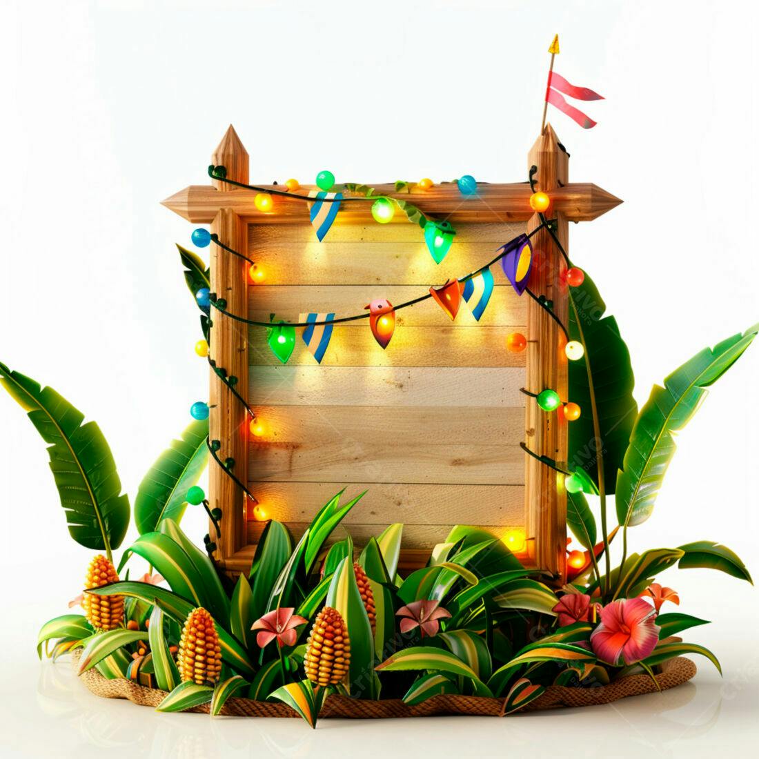Placa de madeira tropical com luzes e decoração