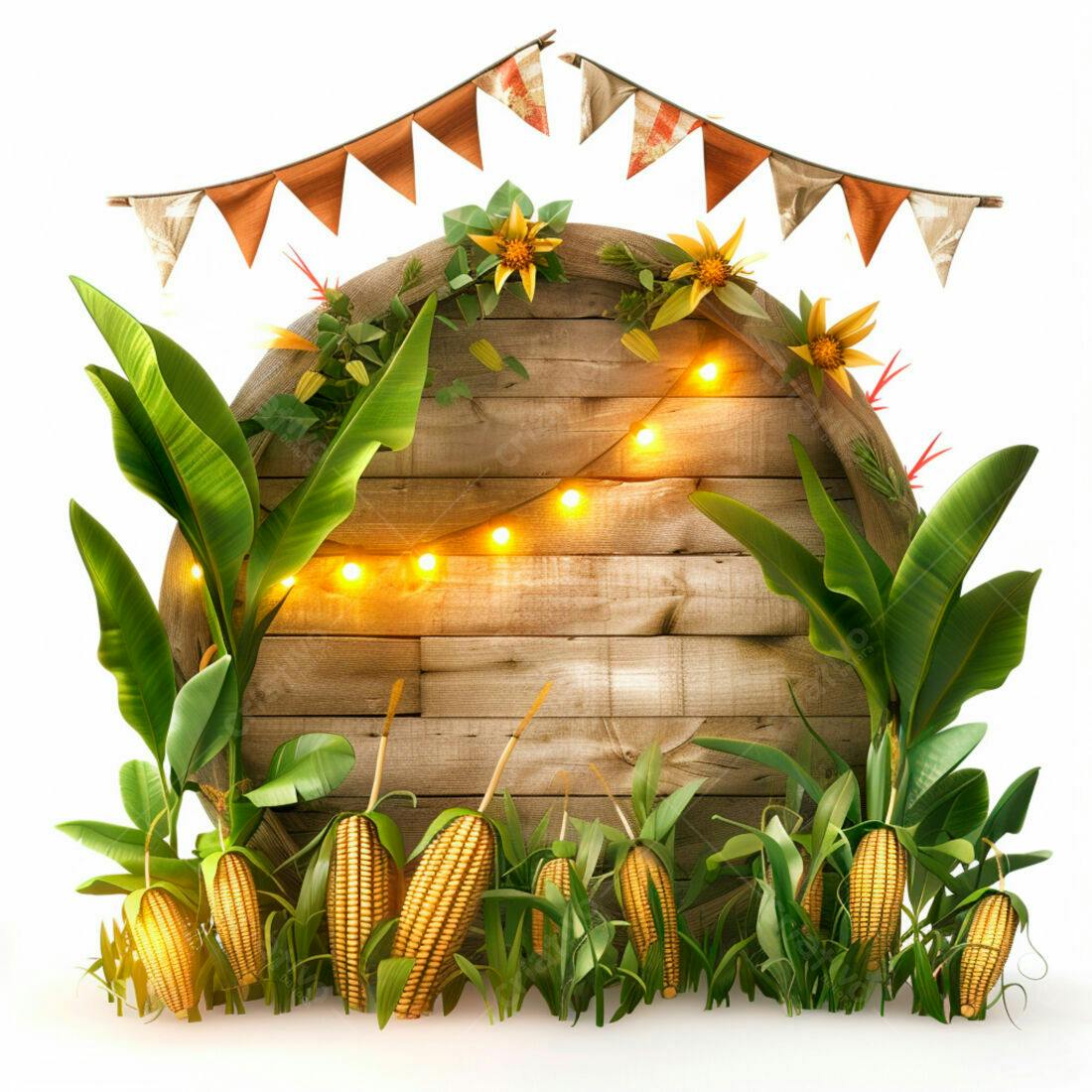 Painel de madeira rústico com milho e decoração festiva
