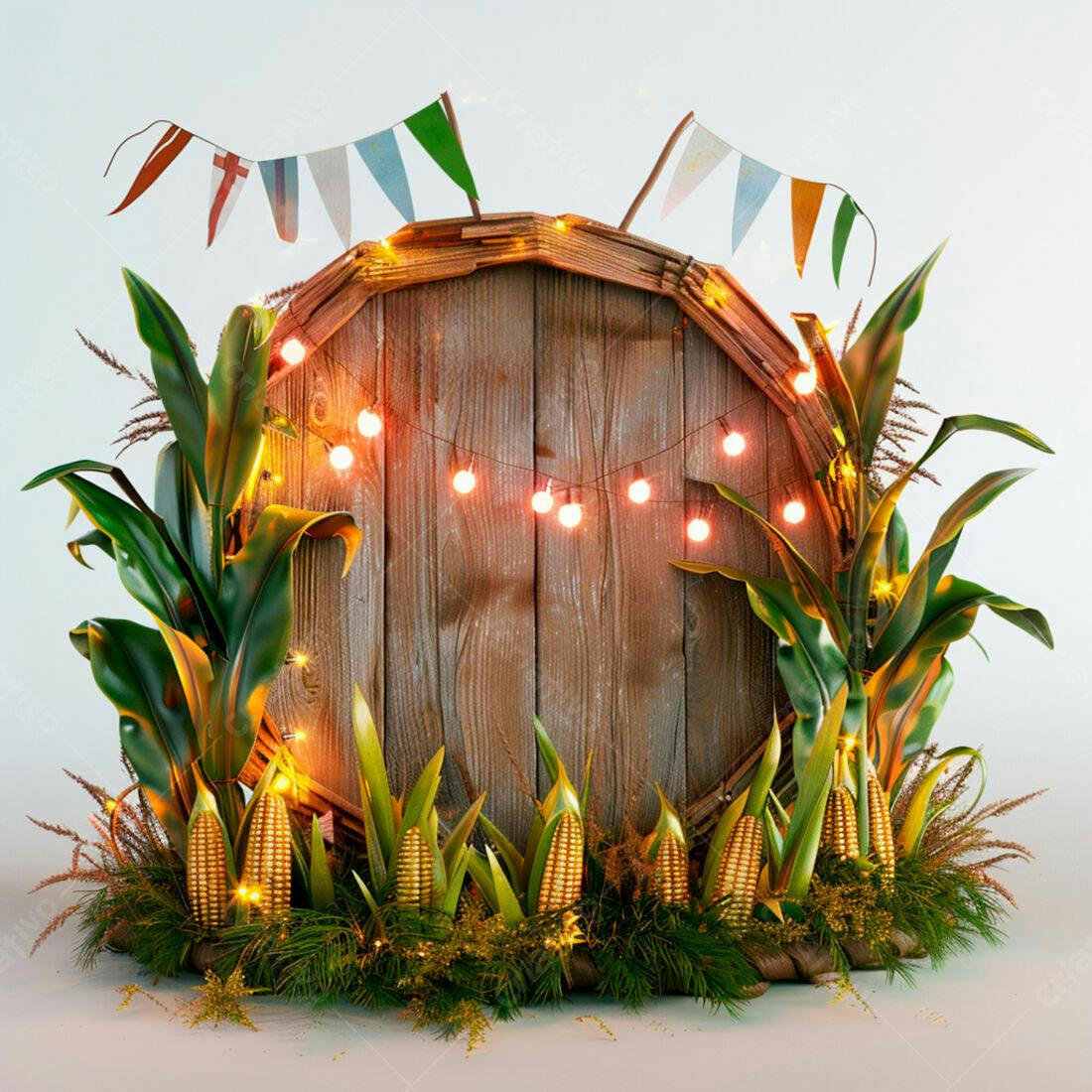 Painel de Madeira com Milho e Luzes para Festa