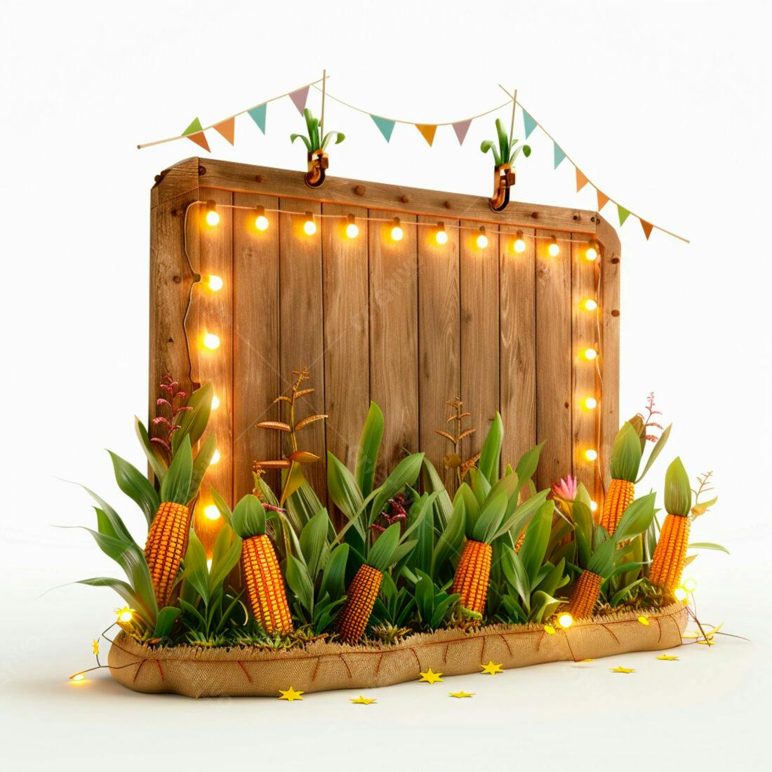 Painel de madeira com espigas de milho e luzes
