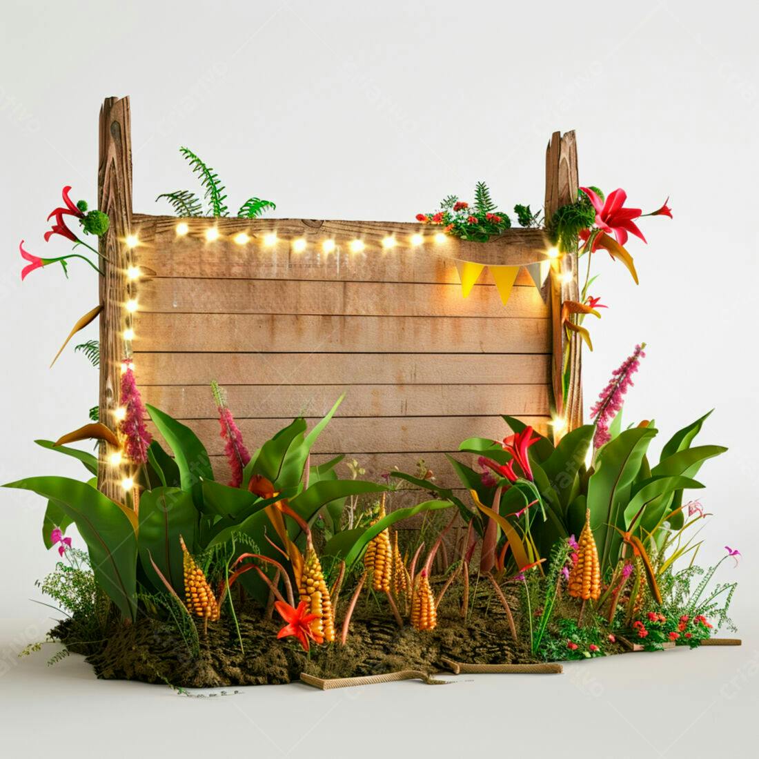 Placa de madeira rústica com decoração floral e luzes