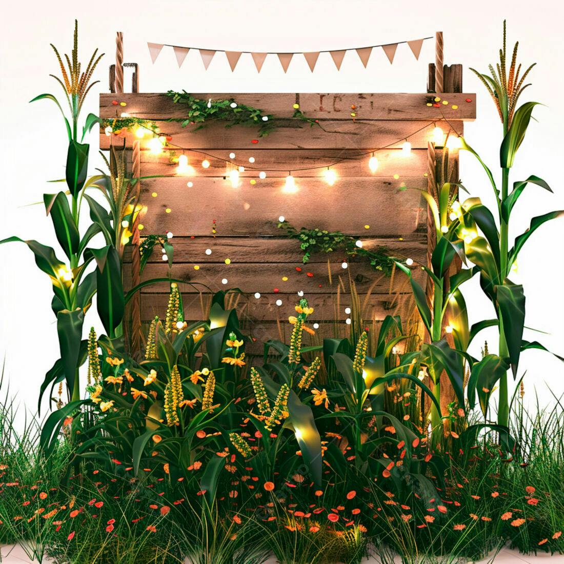 Painel de madeira rústico com luzes e plantas