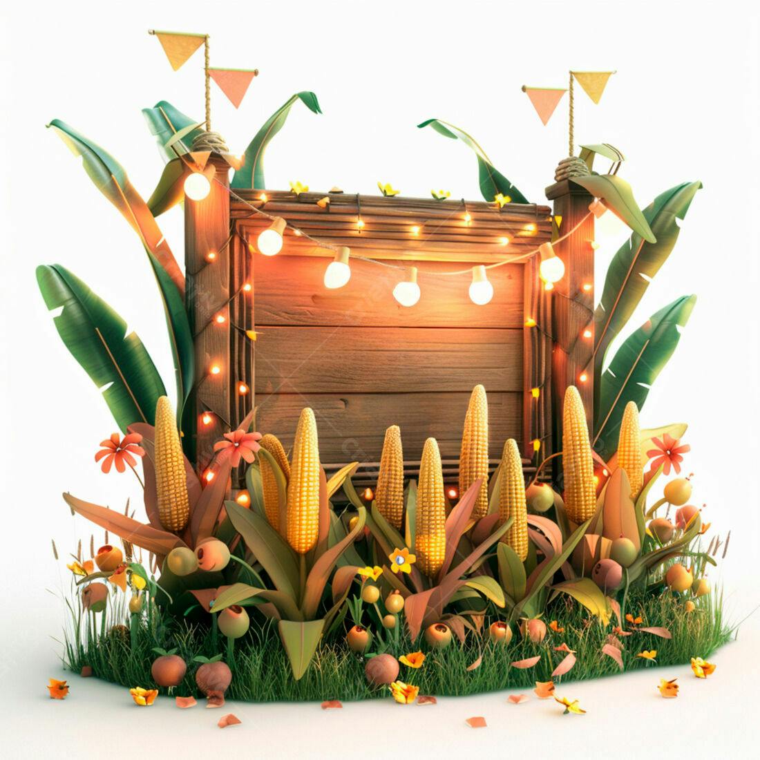 Placa de madeira com milho e luzes de festa