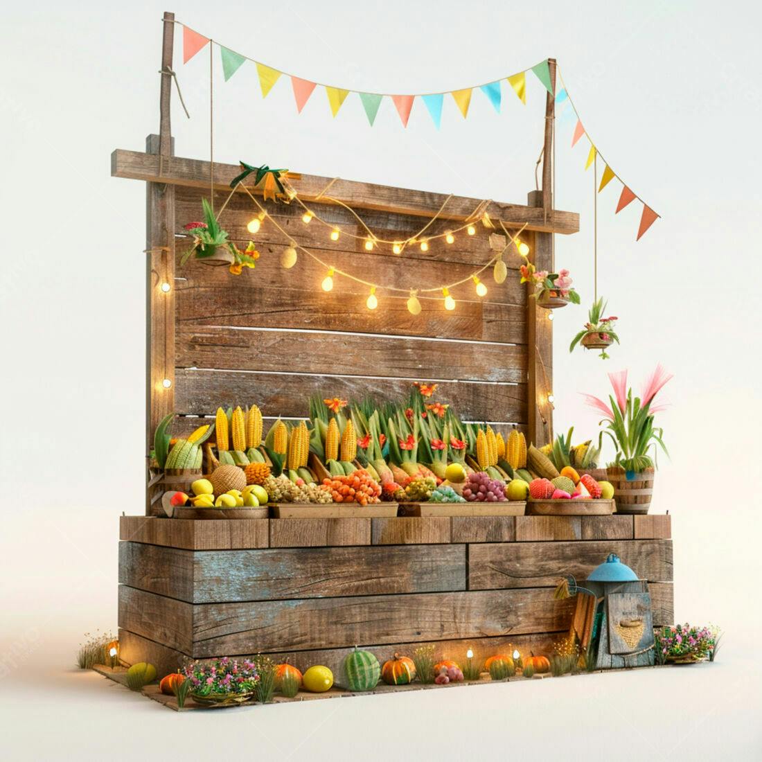 Banca de frutas e milho colorida e rústica