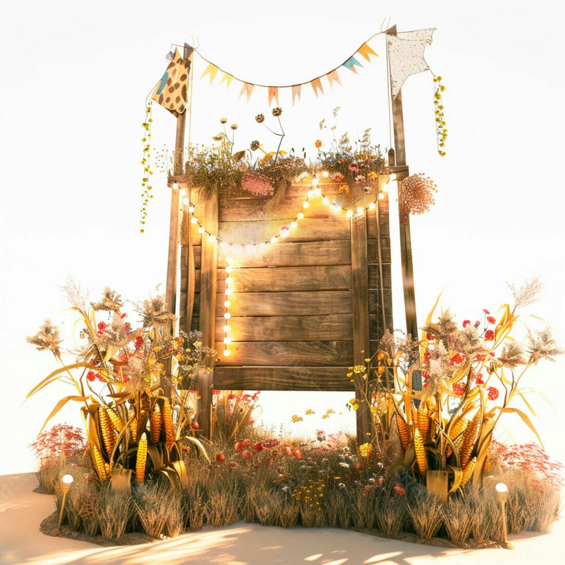 Placa de madeira rústica com decoração floral e luzes