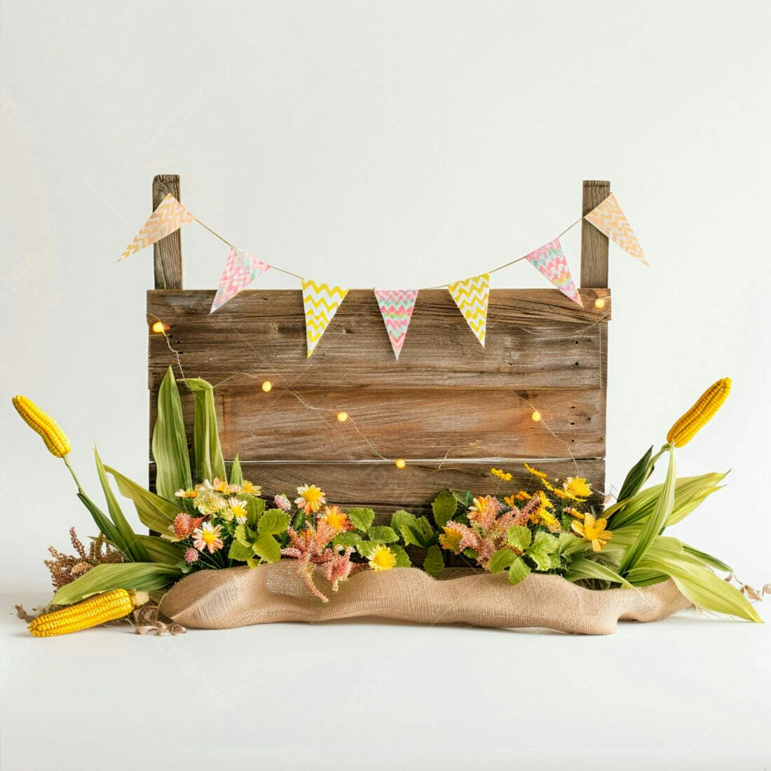 Painel rústico com bandeirolas e flores para festa