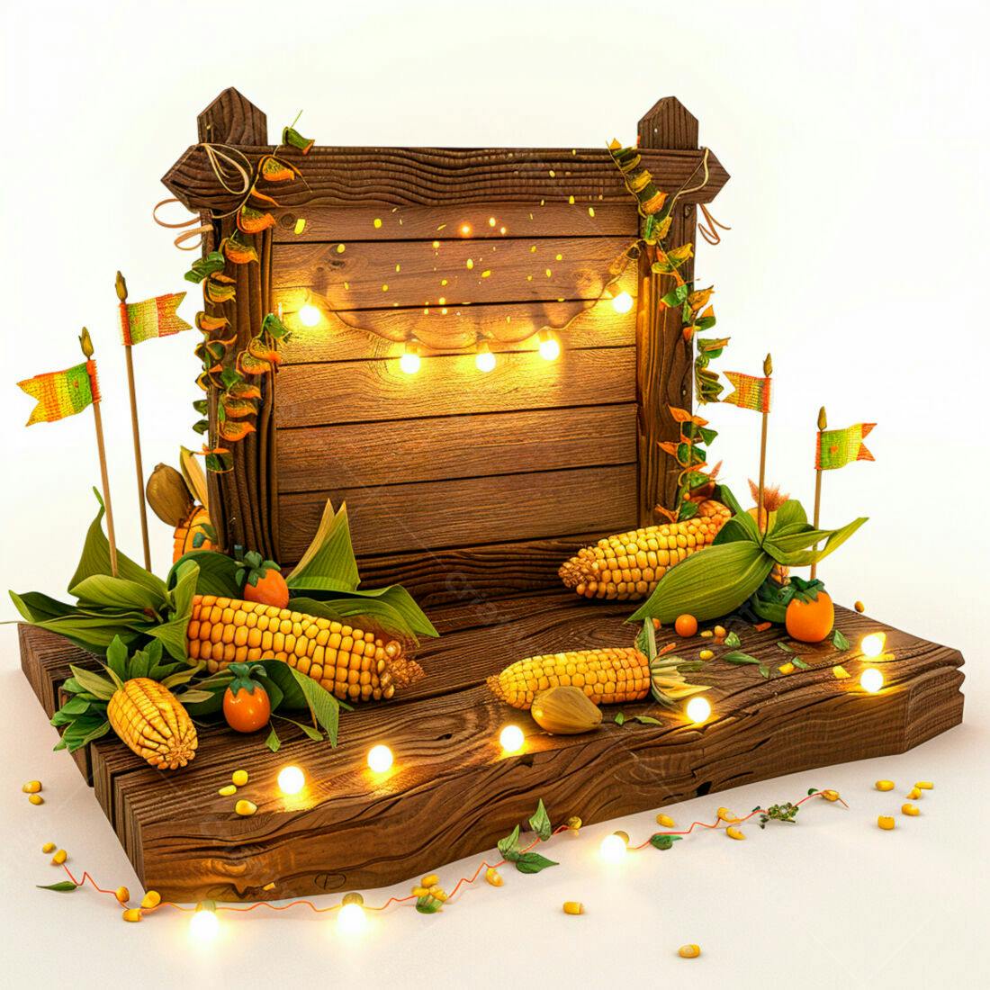 Painel de madeira com espigas de milho e luzes