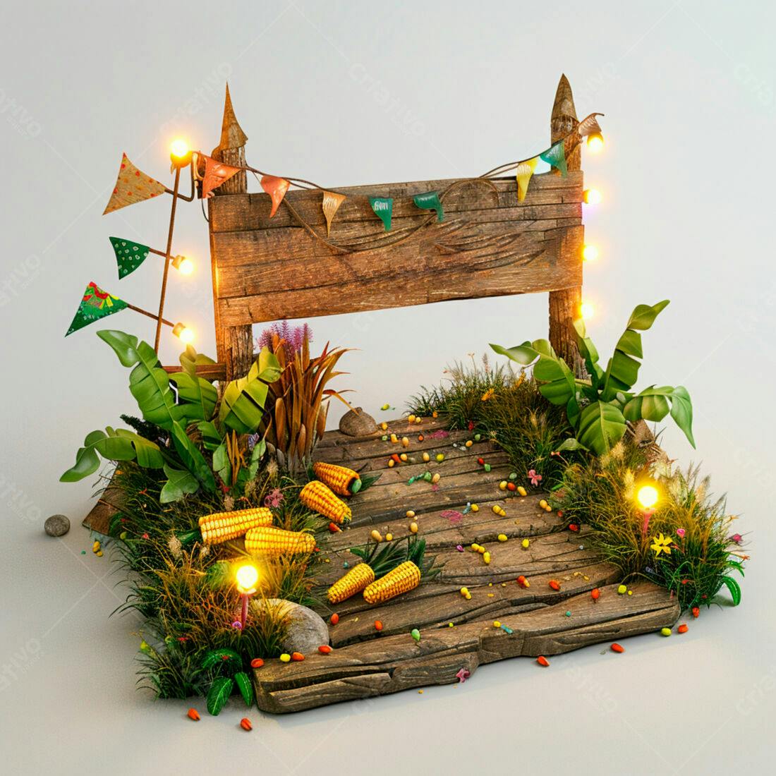 Banca rústica com milho e decoração festiva