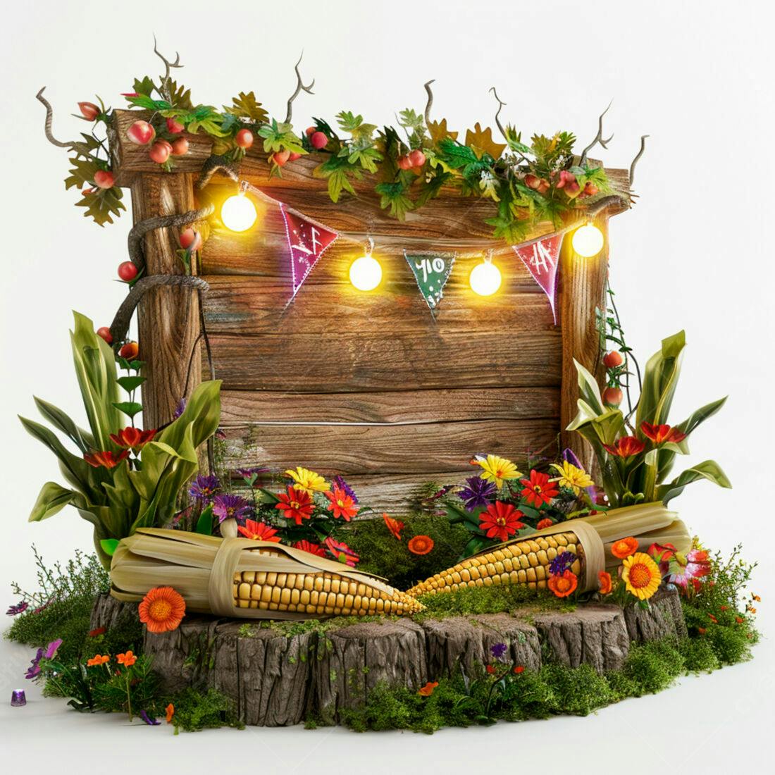 Placa de madeira rústica com espigas de milho e flores
