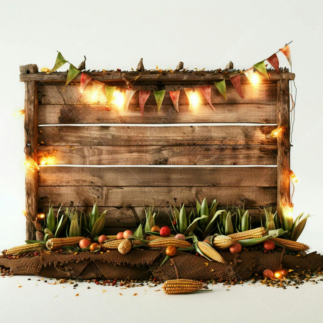 Painel rústico de madeira com espigas de milho e luzes