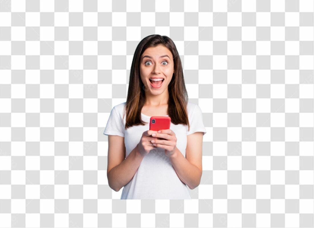 Imagem PNG Mulher Surpresa Celular Fundo Transparente