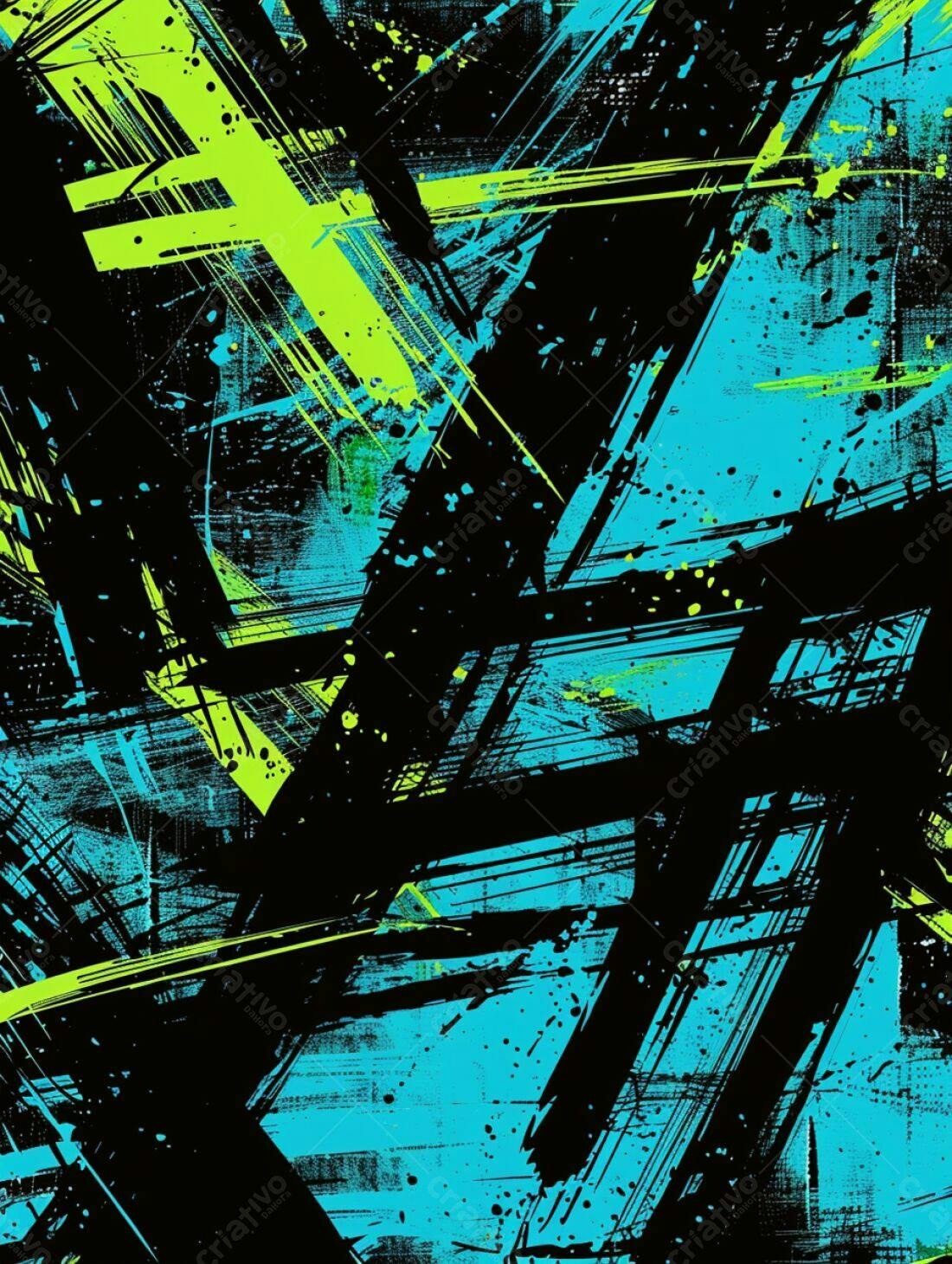 Arte abstrata com pinceladas vibrantes em preto, azul e verde limão