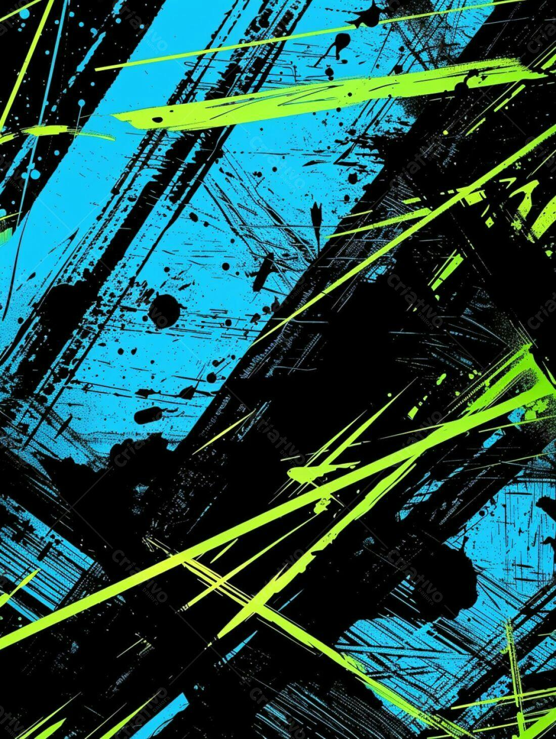 Arte Abstrata em Azul Cian Preto e Verde Limão