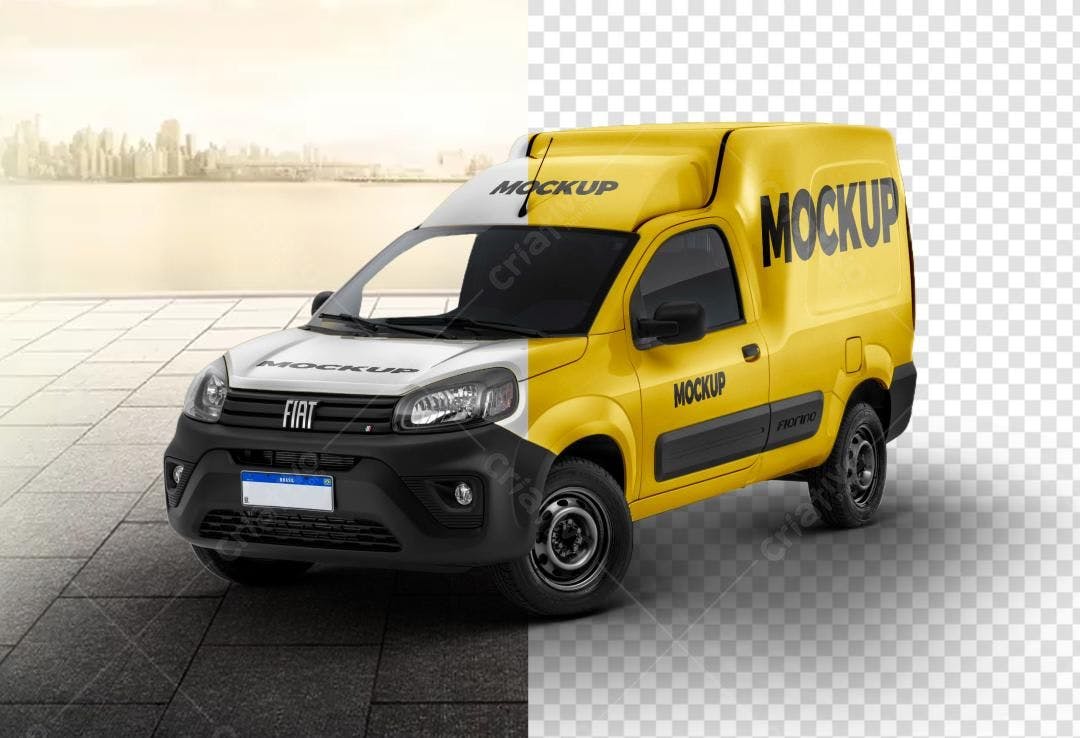 Mockup Veículo Fiat Fiorino: Branca e Amarela, Vista Lateral e Frontal