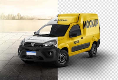 Mockup Veículo Fiat Fiorino: Branca e Amarela, Vista Lateral e Frontal
