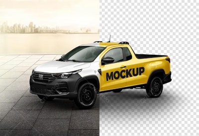 Mockup Caminhonete Fiat Strada: Amarelo e Branco, Vista Lateral