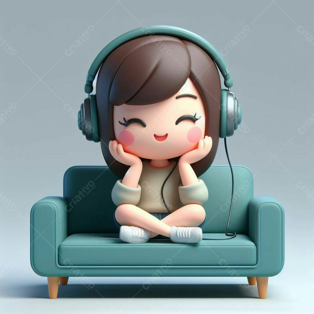 Menina fofinha ouvindo música no sofá