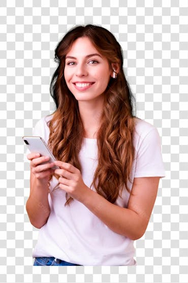Png linda mulher de cabelos rizados camiseta branca segurar smartphone
