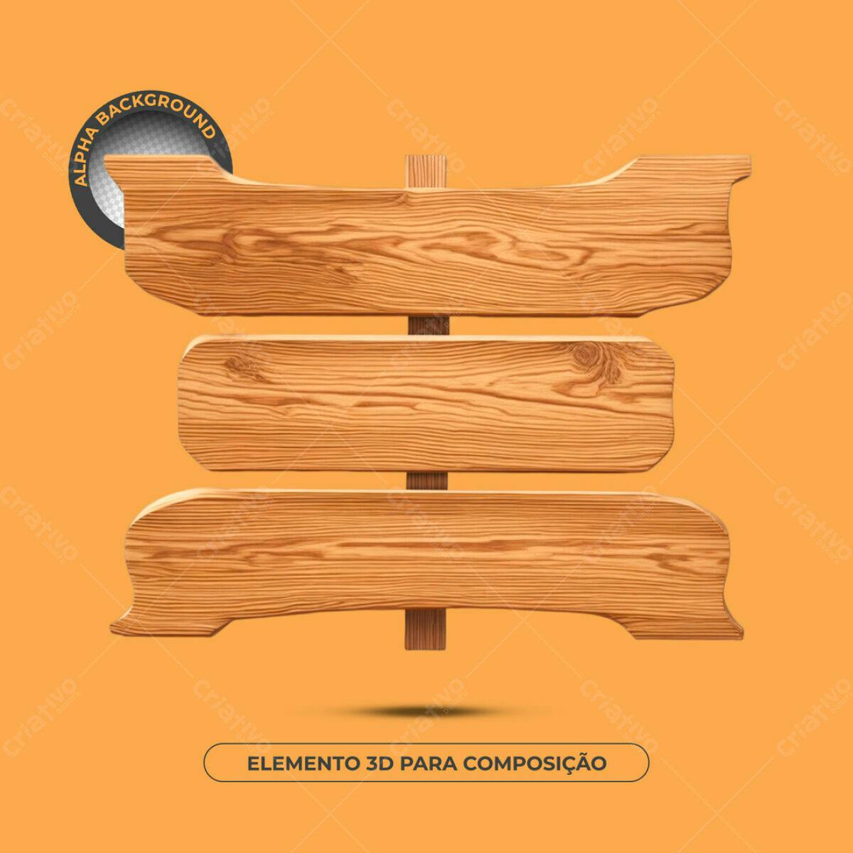 Elemento 3D de Placa de Madeira PSD Editável