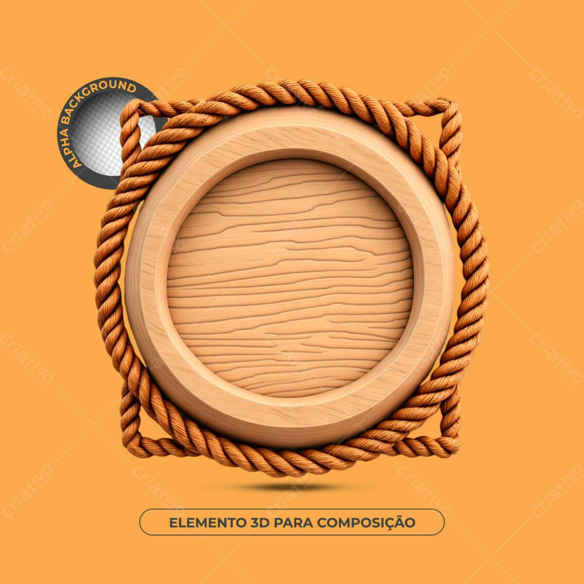 Elemento 3D de Madeira com Corda PSD Editável