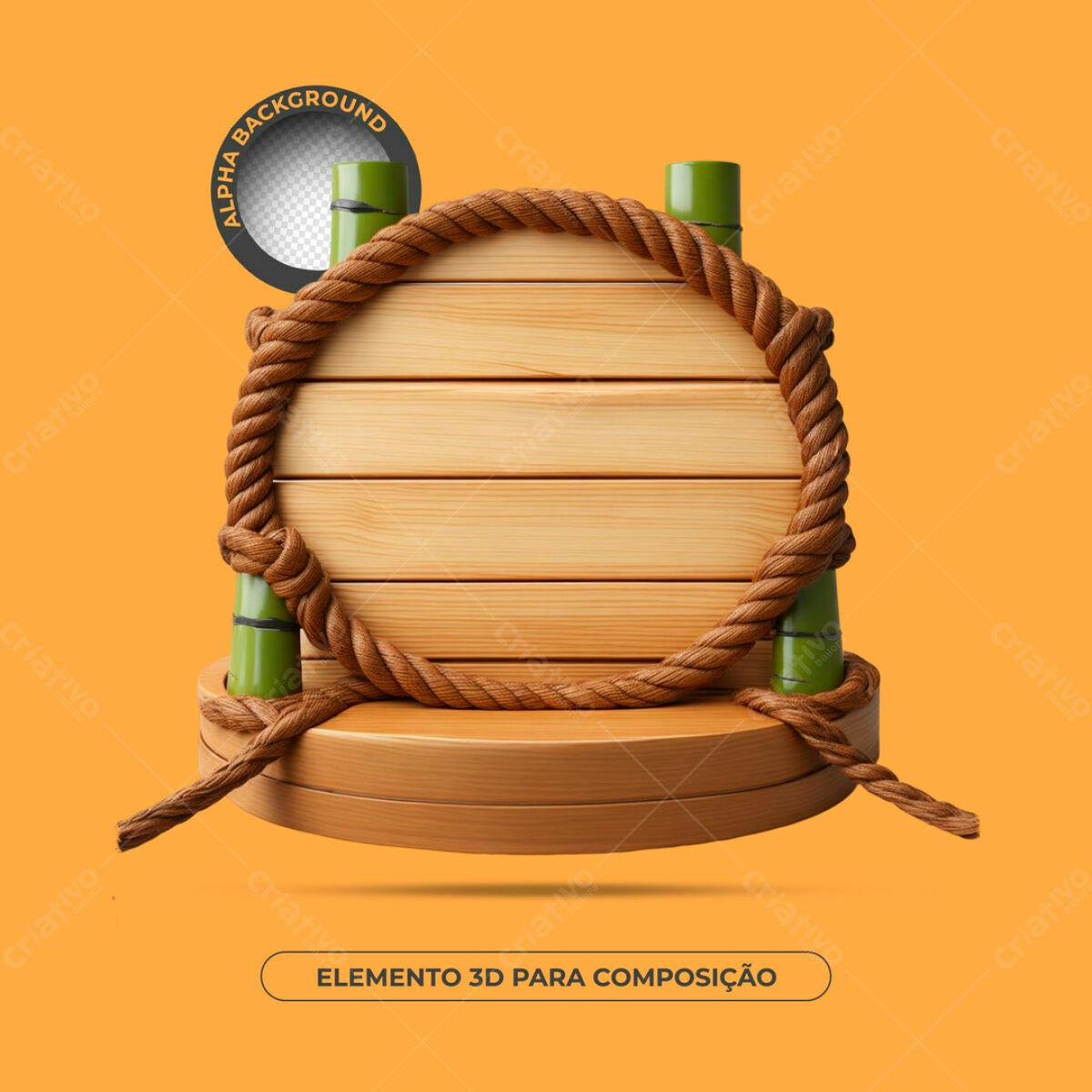 Elemento 3D de Madeira e Corda PSD Editável