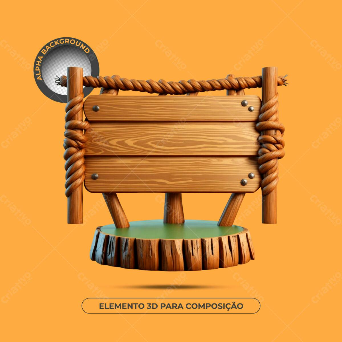 Elemento 3D Placa de Madeira PSD Editável