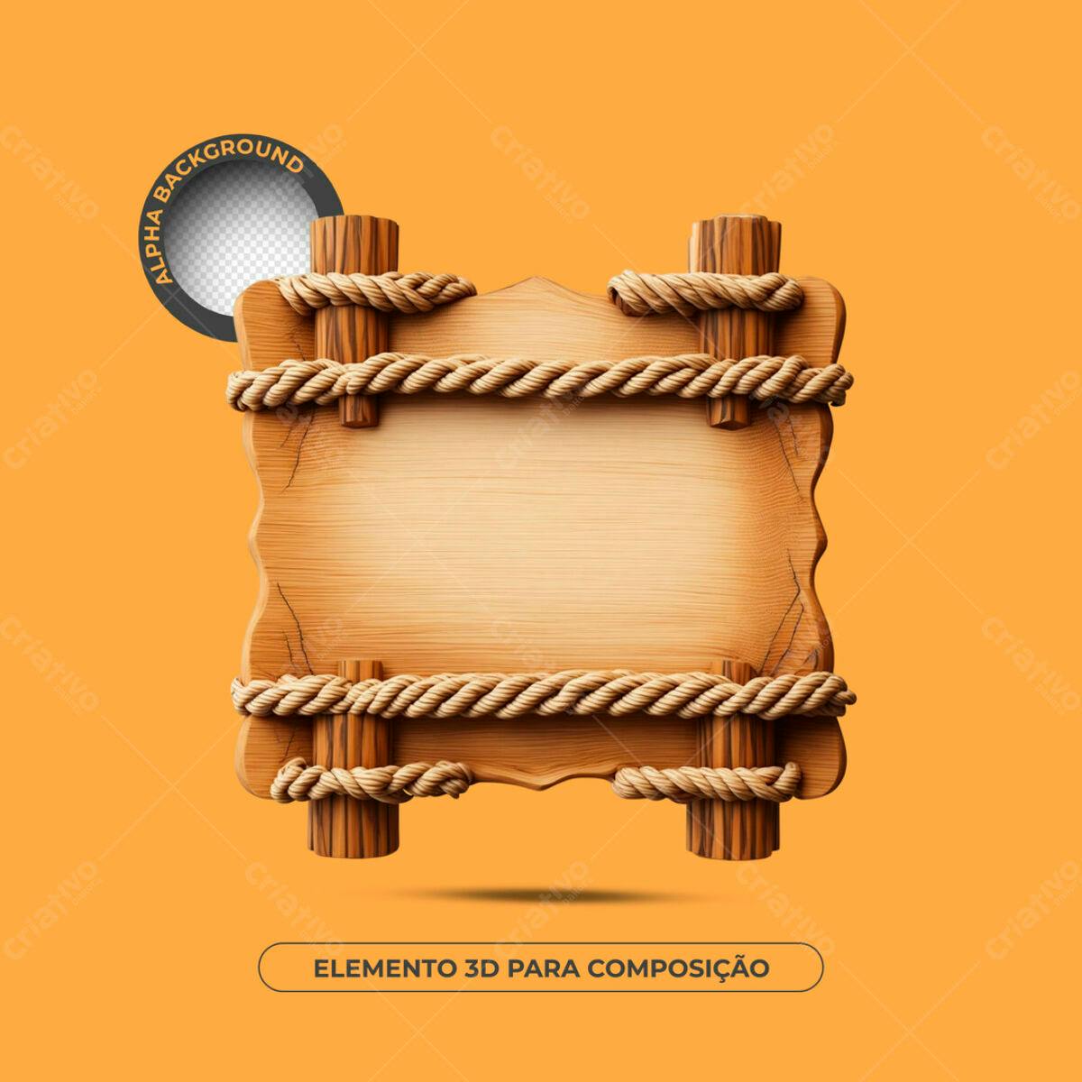 Elemento 3D em Madeira com Corda PSD Editável