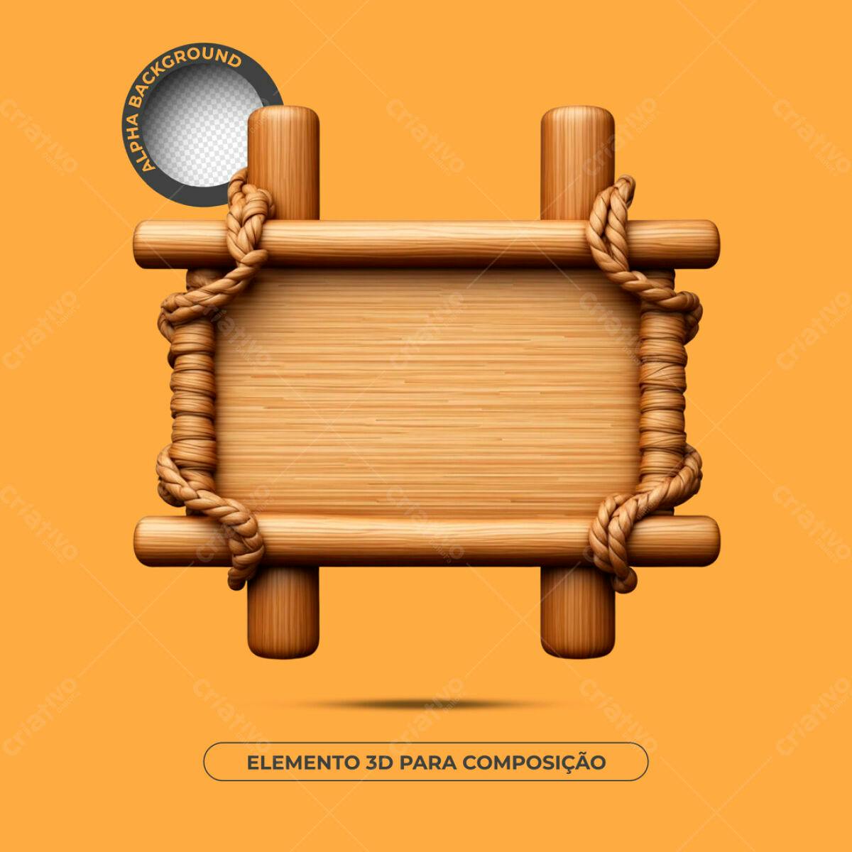 Elemento 3D de Madeira com Corda PSD Editável