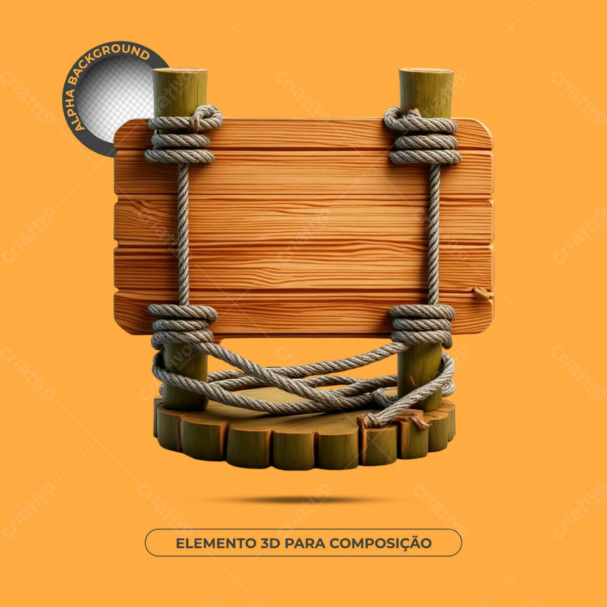 Elemento 3D Madeira com Corda PSD Editável