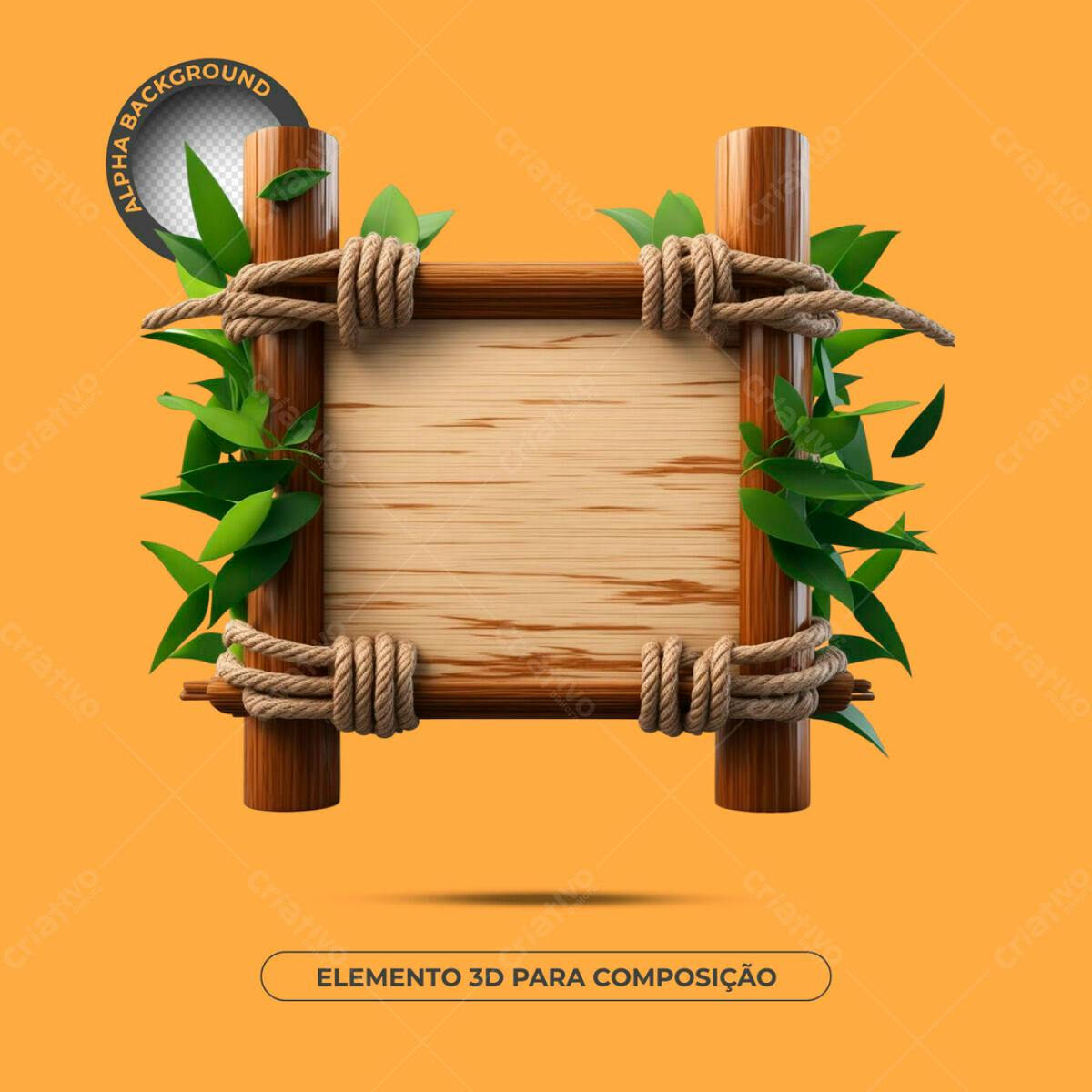 Elemento 3D de Madeira com Folhas PSD Editável