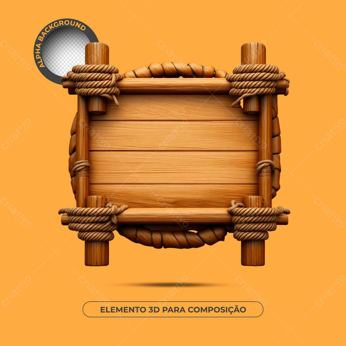 Elemento 3D de Madeira com Corda PSD Editável