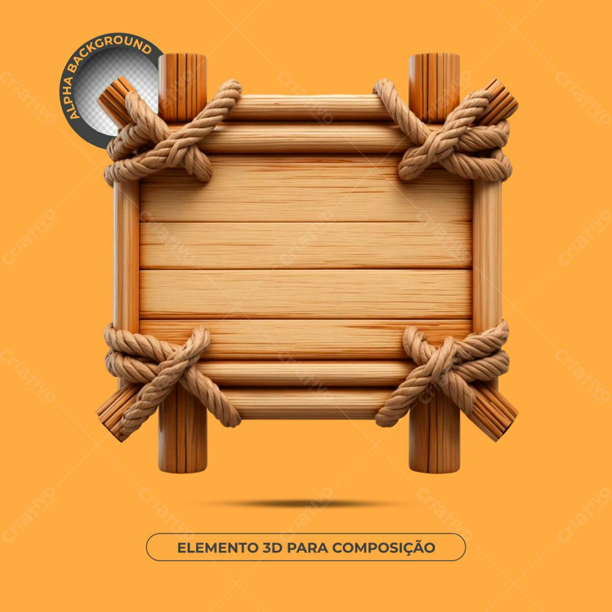Elemento 3D de Madeira com Corda PSD Editável