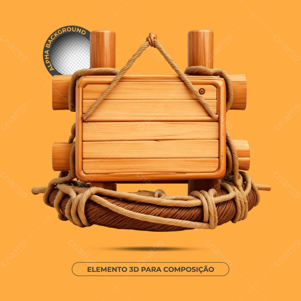 Elemento 3D Placa de Madeira PSD Editável