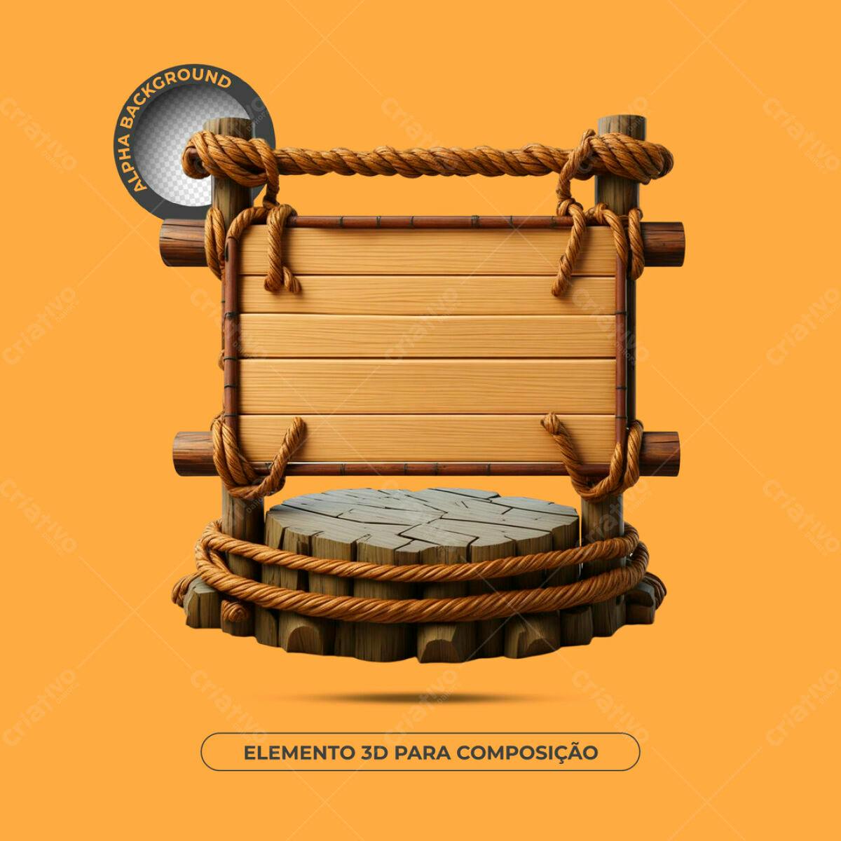Elemento 3D Madeira e Corda PSD Editável
