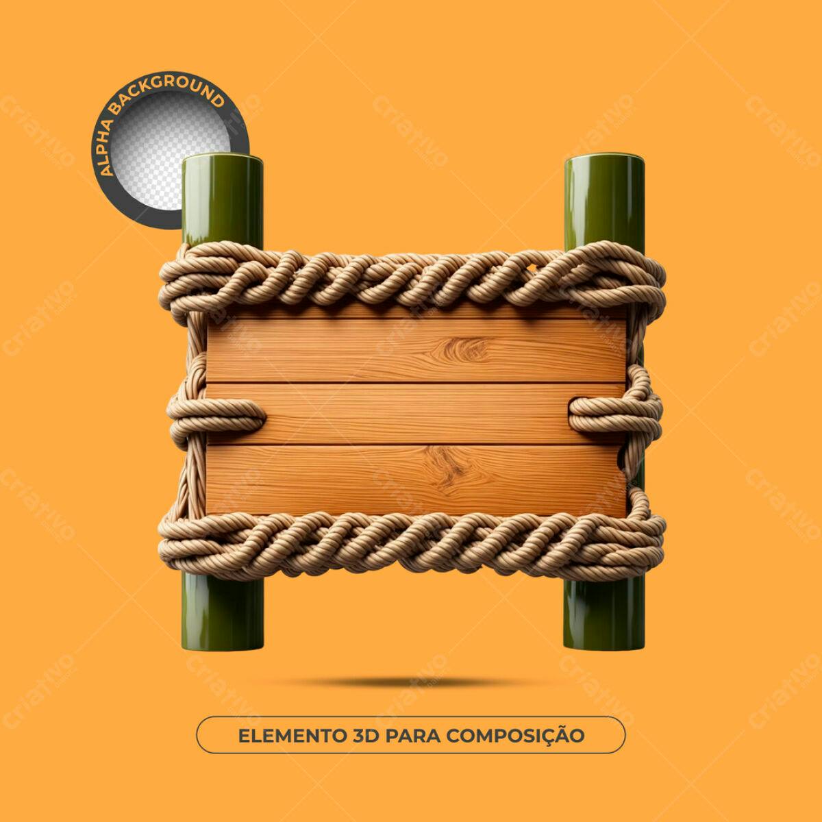 Elemento 3D em Madeira e Corda PSD Editável