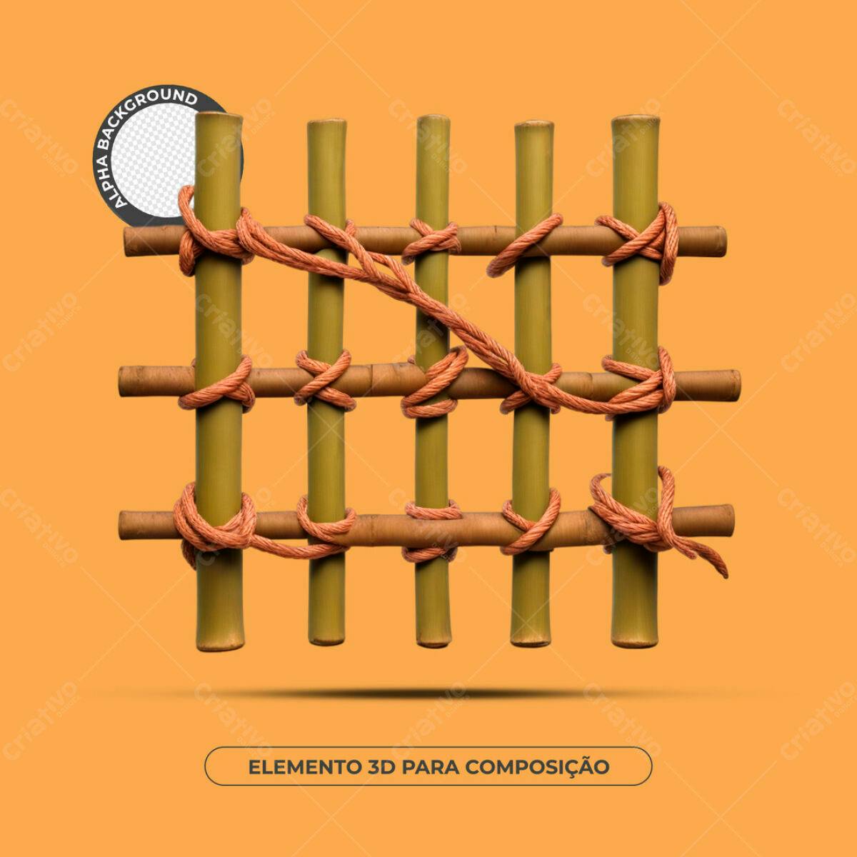 Elemento 3D Cercado de Bambu e Corda PSD Editável