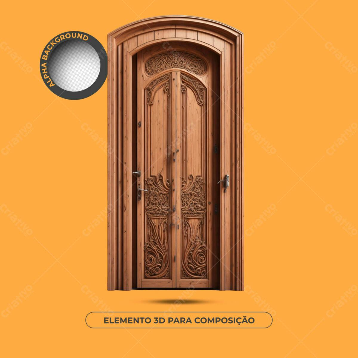 Elemento 3D Porta de Madeira Intalhada PSD Editável