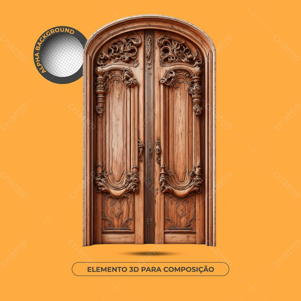 Elemento 3D Porta de Madeira Clássica PSD Editável