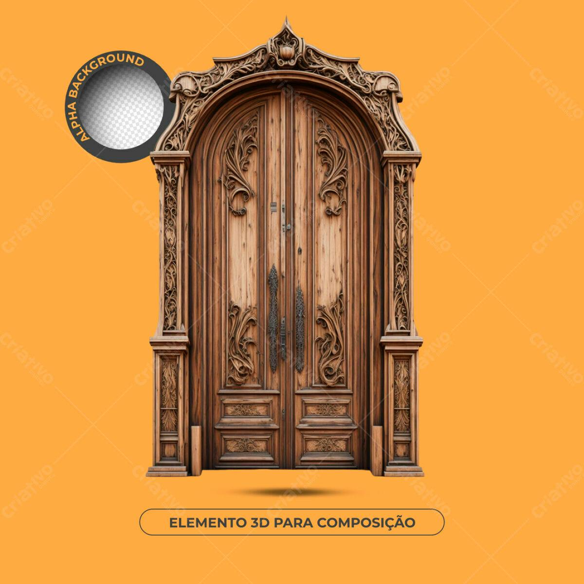 Elemento 3D Porta de Madeira Clássica PSD Editável