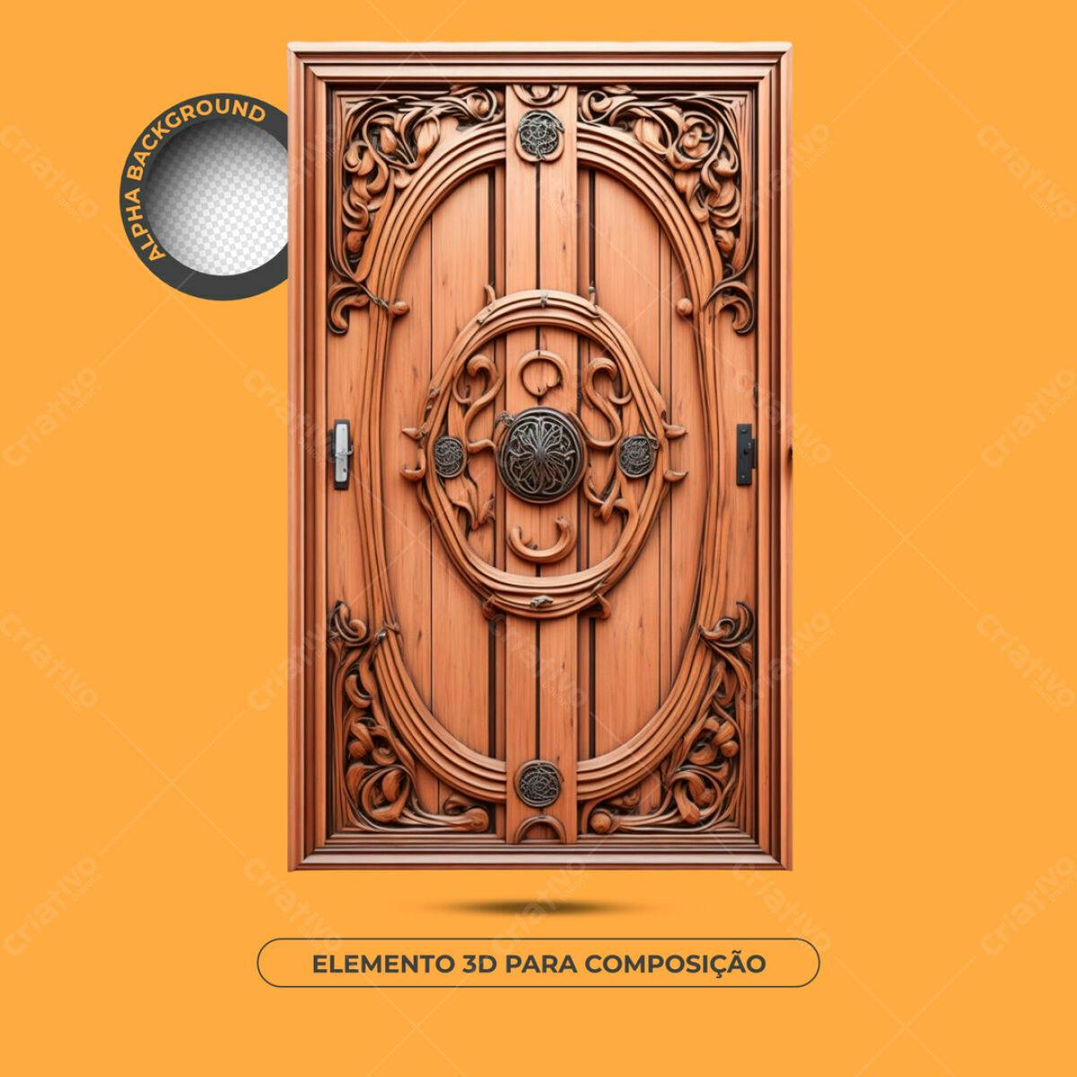 Elemento 3D Porta de Madeira Marrom PSD Editável