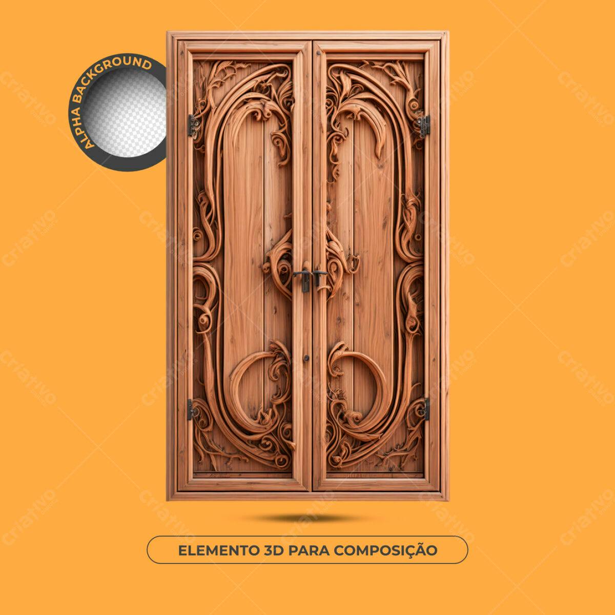 Elemento 3D Porta de Madeira Artesanal PSD Editável
