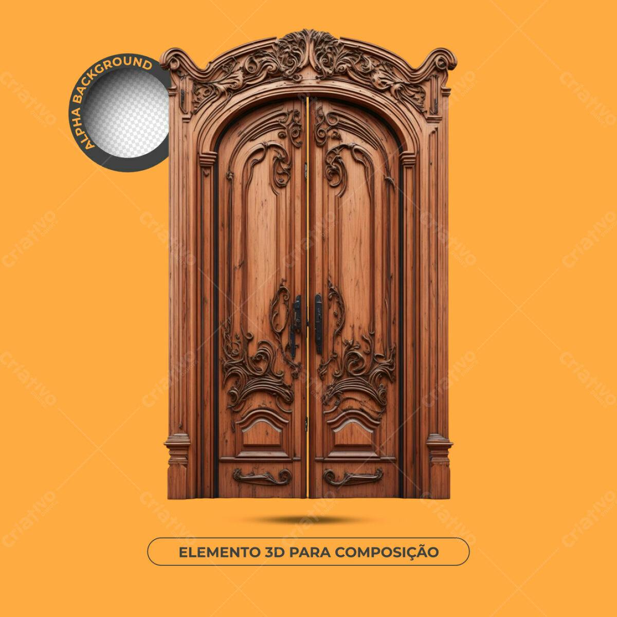 Elemento 3D Porta de Madeira Clássica PSD Editável