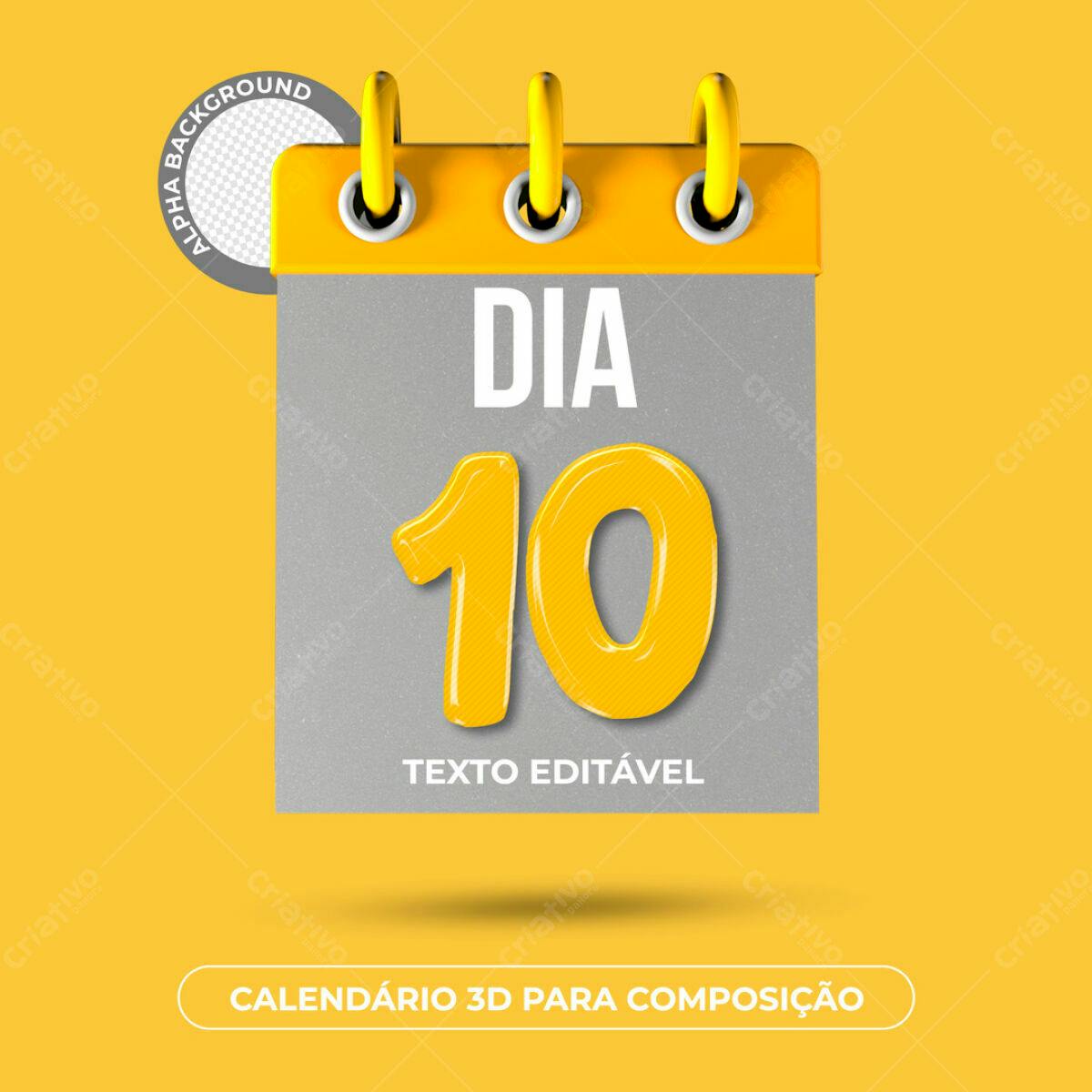 Calendário 3D Dia 10 PSD Editável